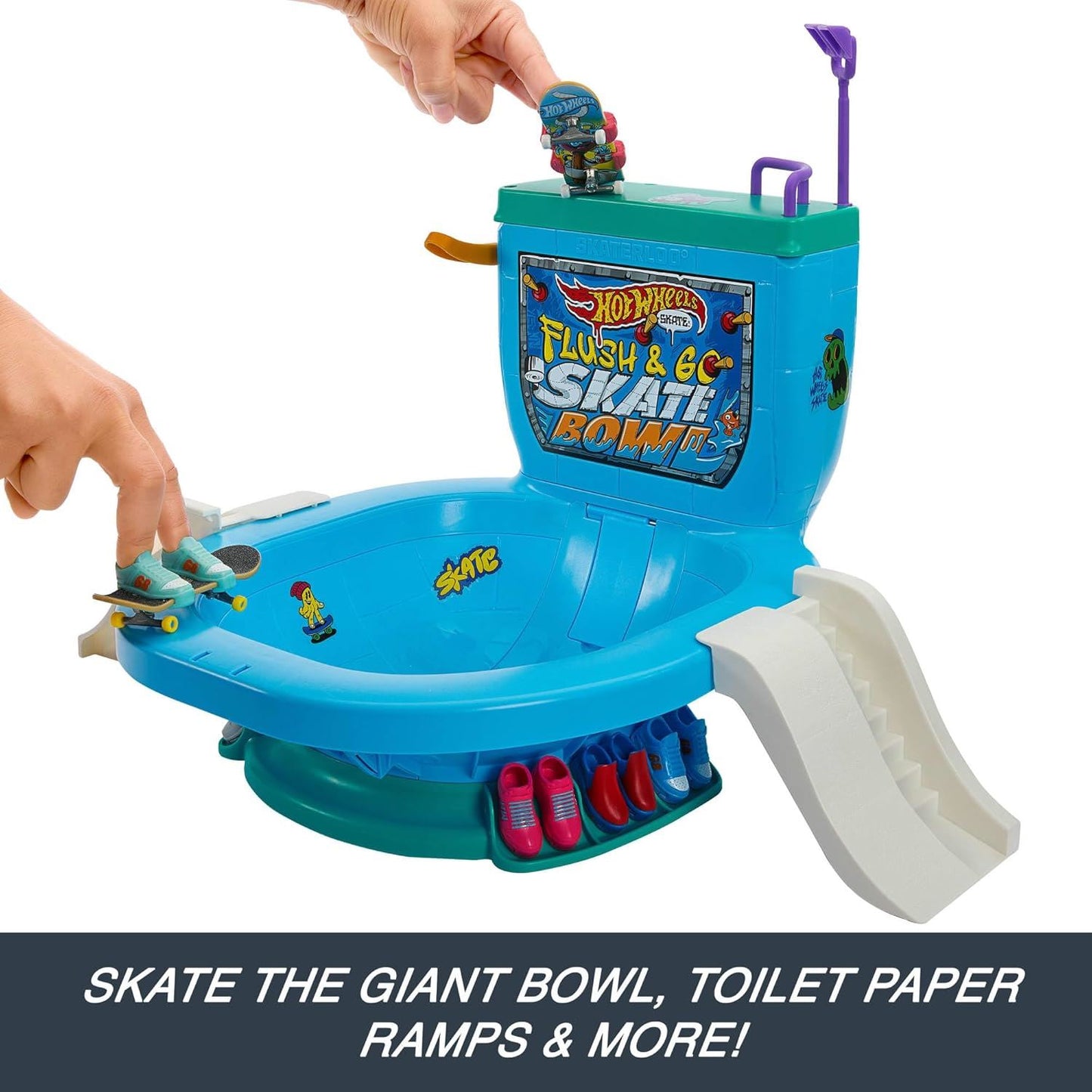 Flush & Go Skate Bowl HXL16 Fingerboard Set With 1 Exclusive Board & Pair Of Removable Skate Shoes (Hot Wheels Skate)