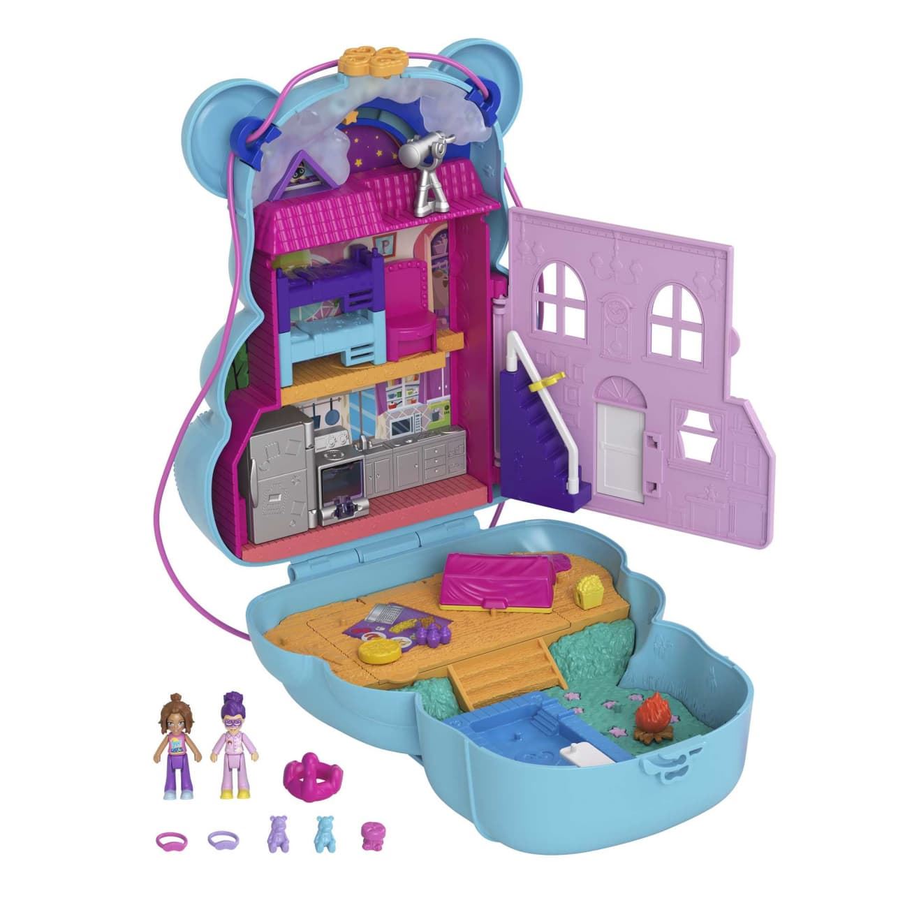 Polly Pocket Teddy Bear Purse Playset HGC39 – Mattel Compact with 2 Micro Dolls & 16 Accessories Ideal Sleep-Over Gift