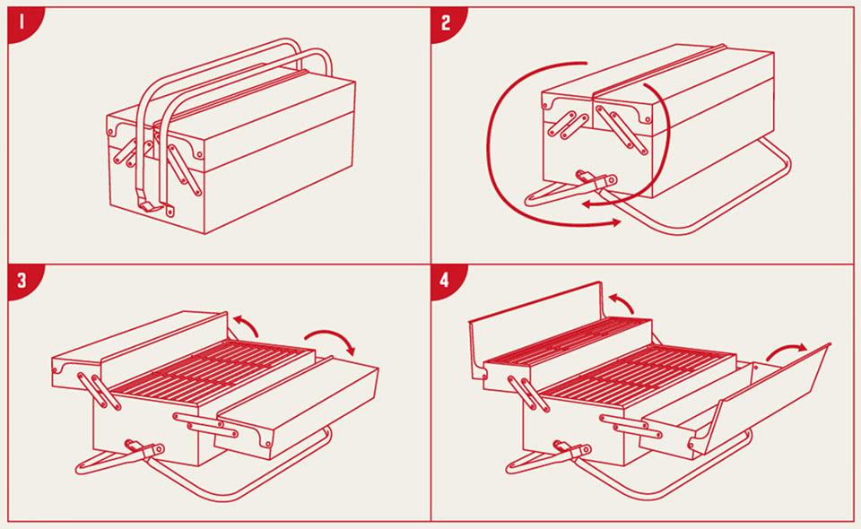 BBQ Toolbox Portable Charcoal Grill SK BBQTOOL1 - Suck UK Red Stainless Steel Toolbox-Style BBQ with Folding Grill & Warming Rack