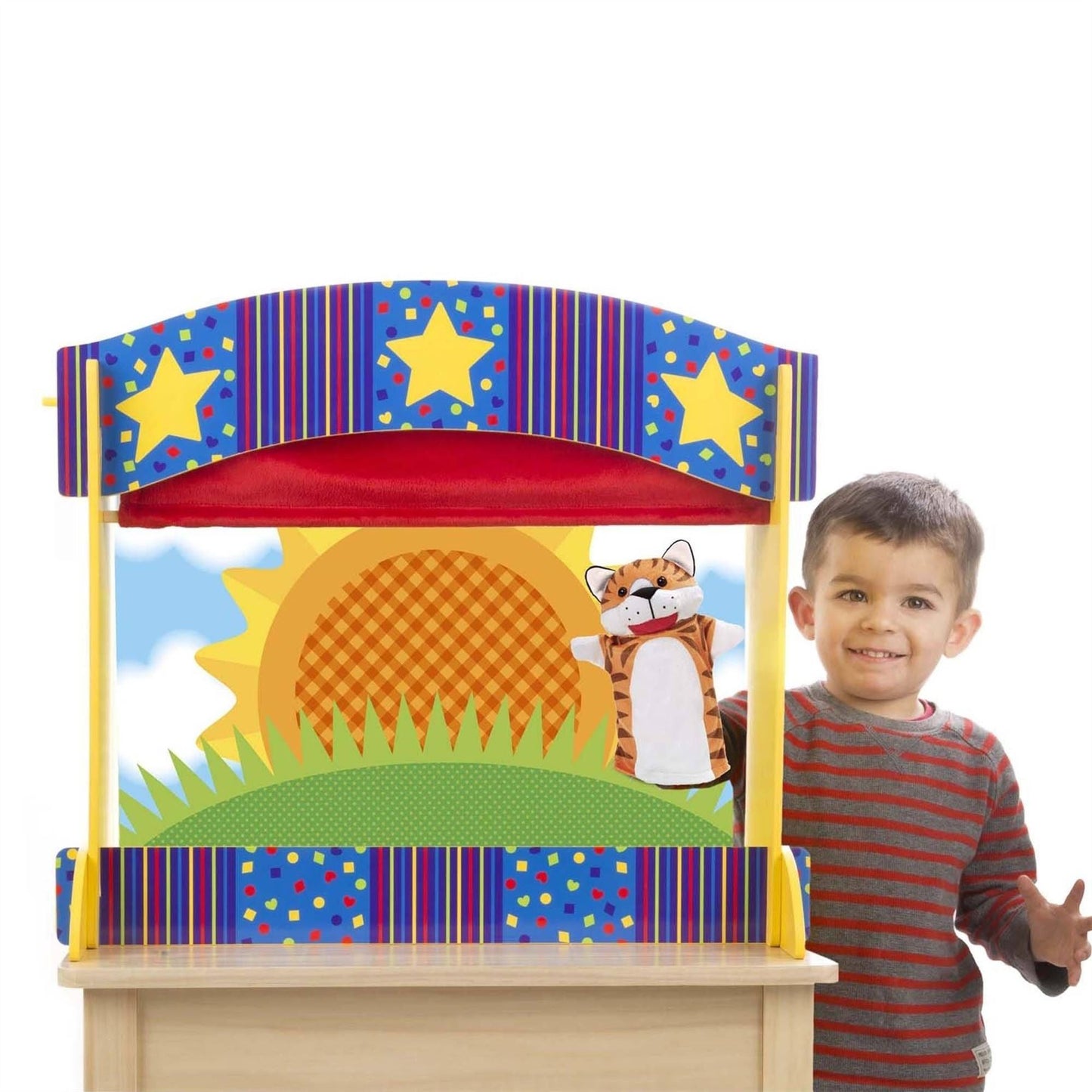 Tabletop Puppet Theater 12536 – Melissa & Doug Wooden Pretend Play Puppet Stage with Chalkboard & Curtains