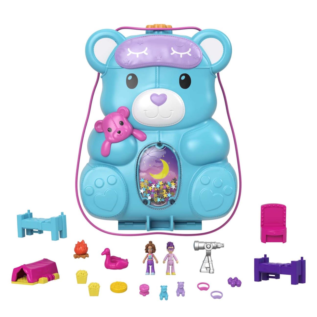 Polly Pocket Teddy Bear Purse Playset HGC39 – Mattel Compact with 2 Micro Dolls & 16 Accessories Ideal Sleep-Over Gift