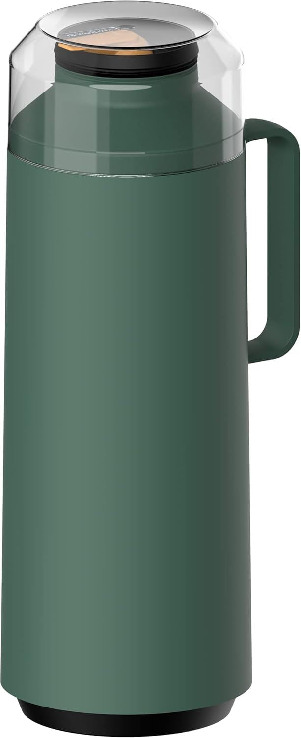 Tramontina Exata 1L Thermal Flask 61637/107 – Olive Green Glass-Lined Vacuum Insulated Bottle Carafe with Cup Lid for Hot & Cold Drinks