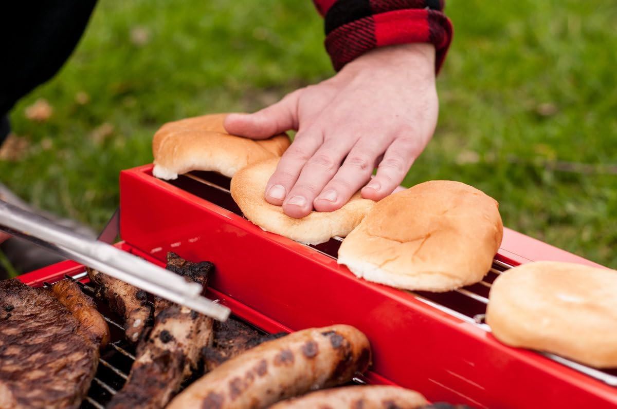 BBQ Toolbox Portable Charcoal Grill SK BBQTOOL1 - Suck UK Red Stainless Steel Toolbox-Style BBQ with Folding Grill & Warming Rack