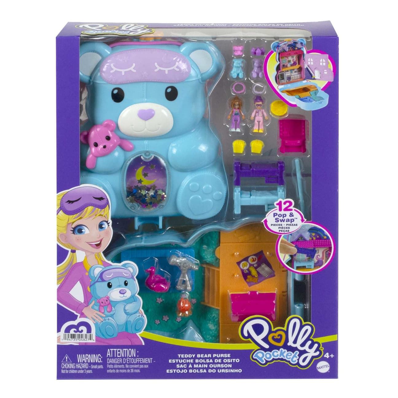 Polly Pocket Teddy Bear Purse Playset HGC39 – Mattel Compact with 2 Micro Dolls & 16 Accessories Ideal Sleep-Over Gift