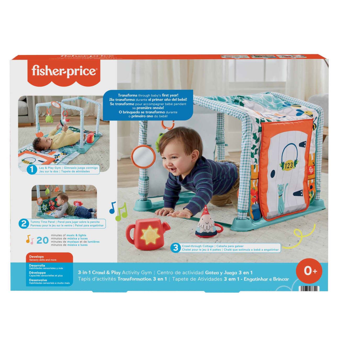 Fisher-Price 3-in-1 Crawl & Play Activity Gym HJK45 – Lay & Play Mat, Tummy Time & Crawl-Through Cottage Tunnel with 5 Toys